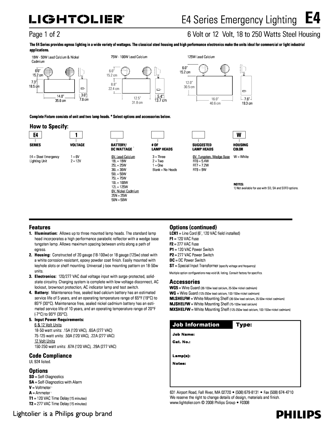 Lightolier E4 Series manual Page 1 of, Lightolier is a Philips group brand, Features, Code Compliance, Options 